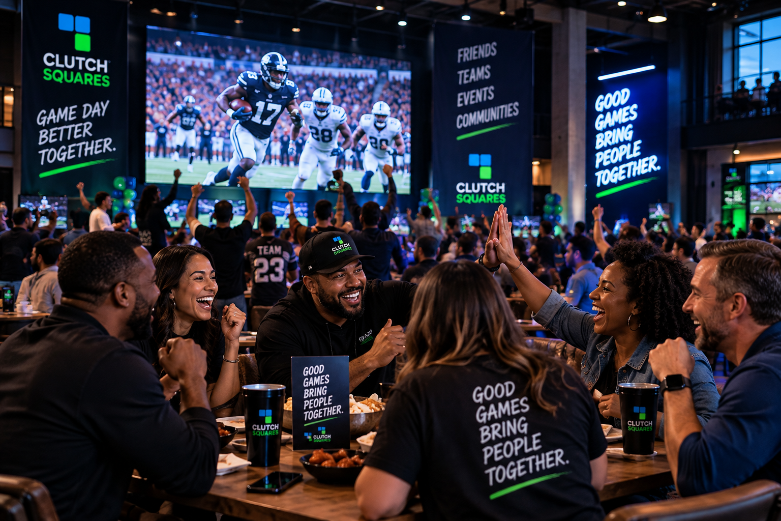 A lively watch party crowd celebrating during a live game