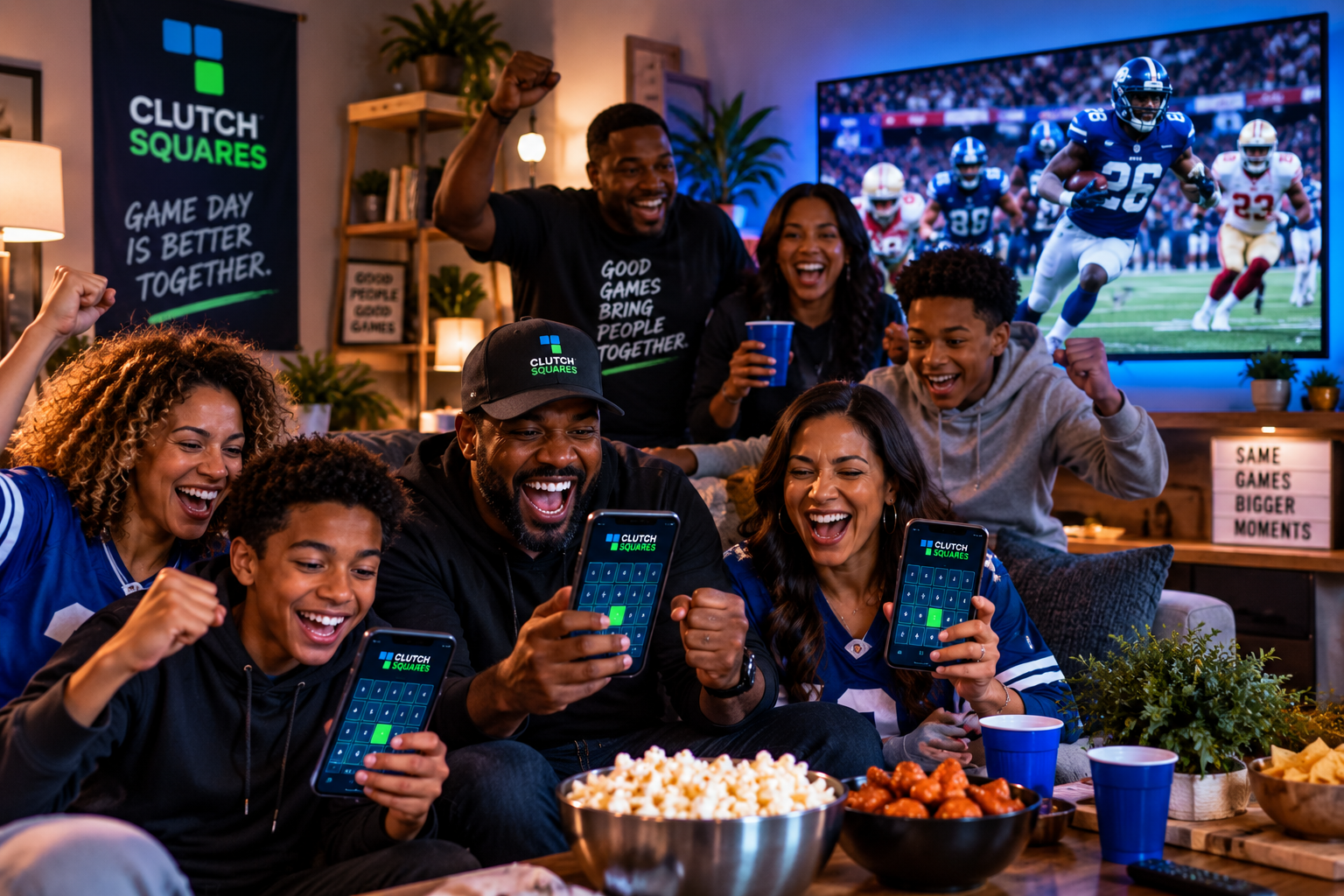 A family watching a game together at home and celebrating