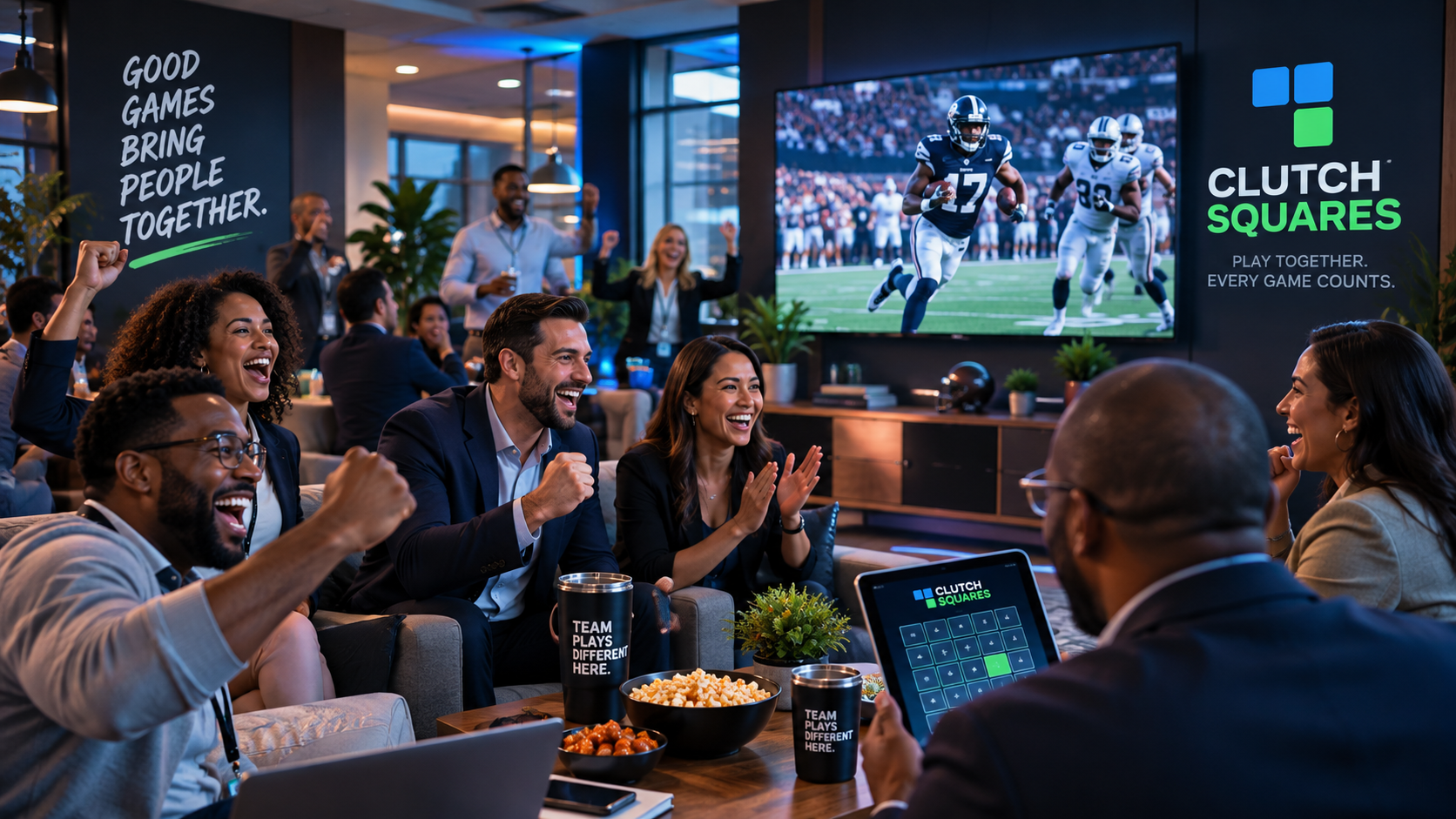 Coworkers cheering together around a screen in an office lounge